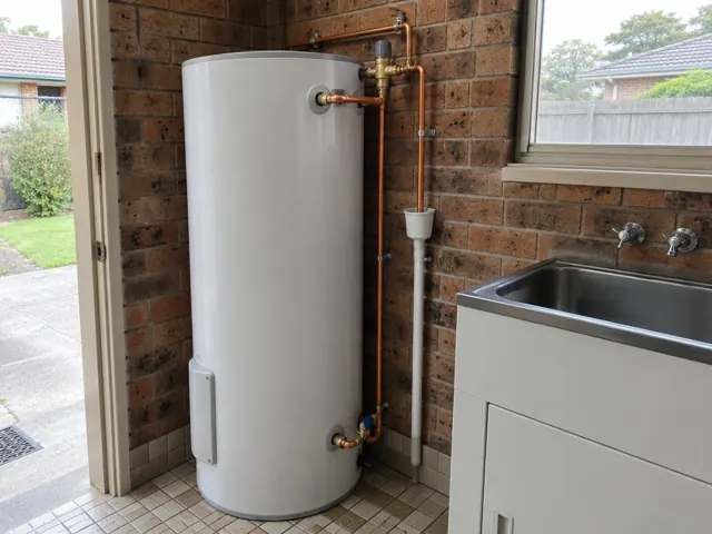 White hot water tank beside brick wall, laundry sink and window in Kings Langley